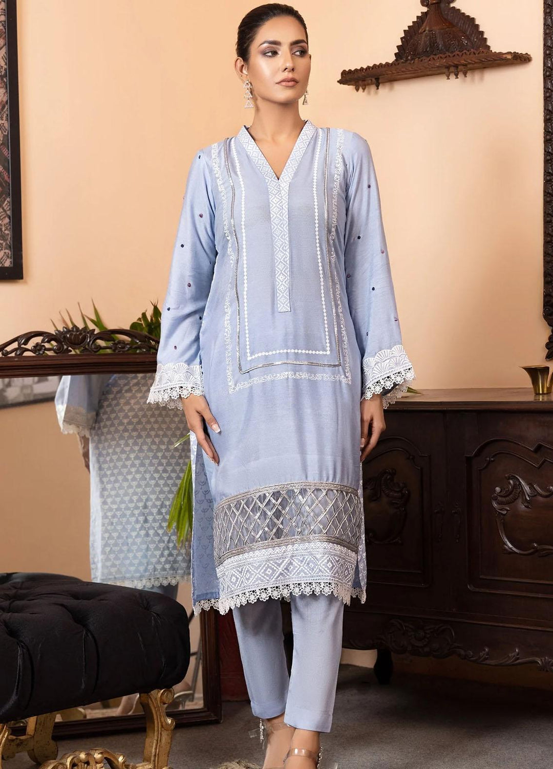 Cozy Apparels Casual Pret  Cotton Net 2 Piece Suit CA22LF MARSHMALLOW