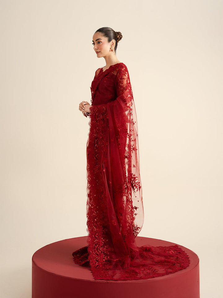 The Sarees Edit by Yards Unstitched Embroidered Net 4 Piece Suit Crimson Festive Collection