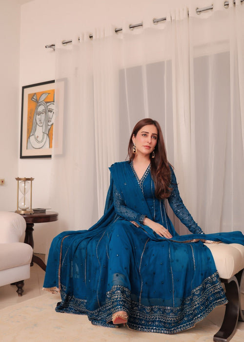 Mommy and Me by Abaan Zohan RTW Embroidered Chiffon 3 Piece Suit Kashish Peacock - Festive Collection