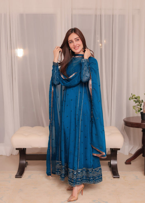 Mommy and Me by Abaan Zohan RTW Embroidered Chiffon 3 Piece Suit Kashish Peacock - Festive Collection