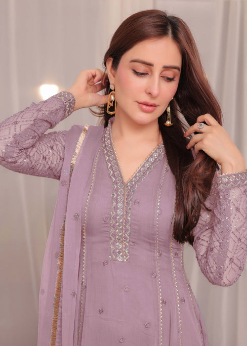 Mommy and Me by Abaan Zohan RTW Embroidered Chiffon 3 Piece Suit Kashish Lilac - Festive Collection