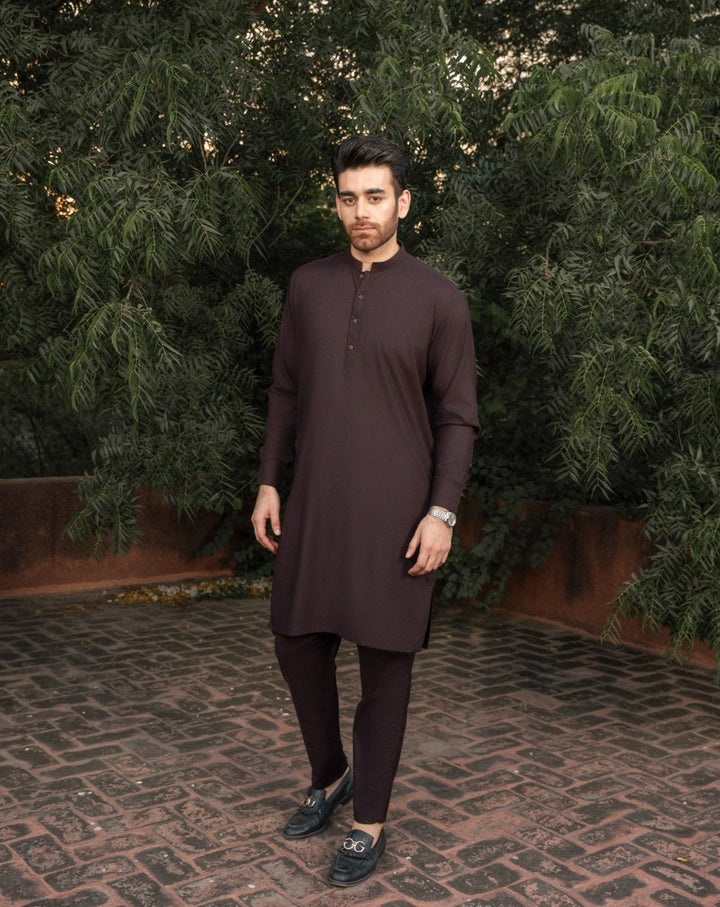 Muraqsh Ready To Wear Solids Cotton Men Dark Brown Kurta Trouser/Shalwar MUR-CBKTHL - Summer Collection