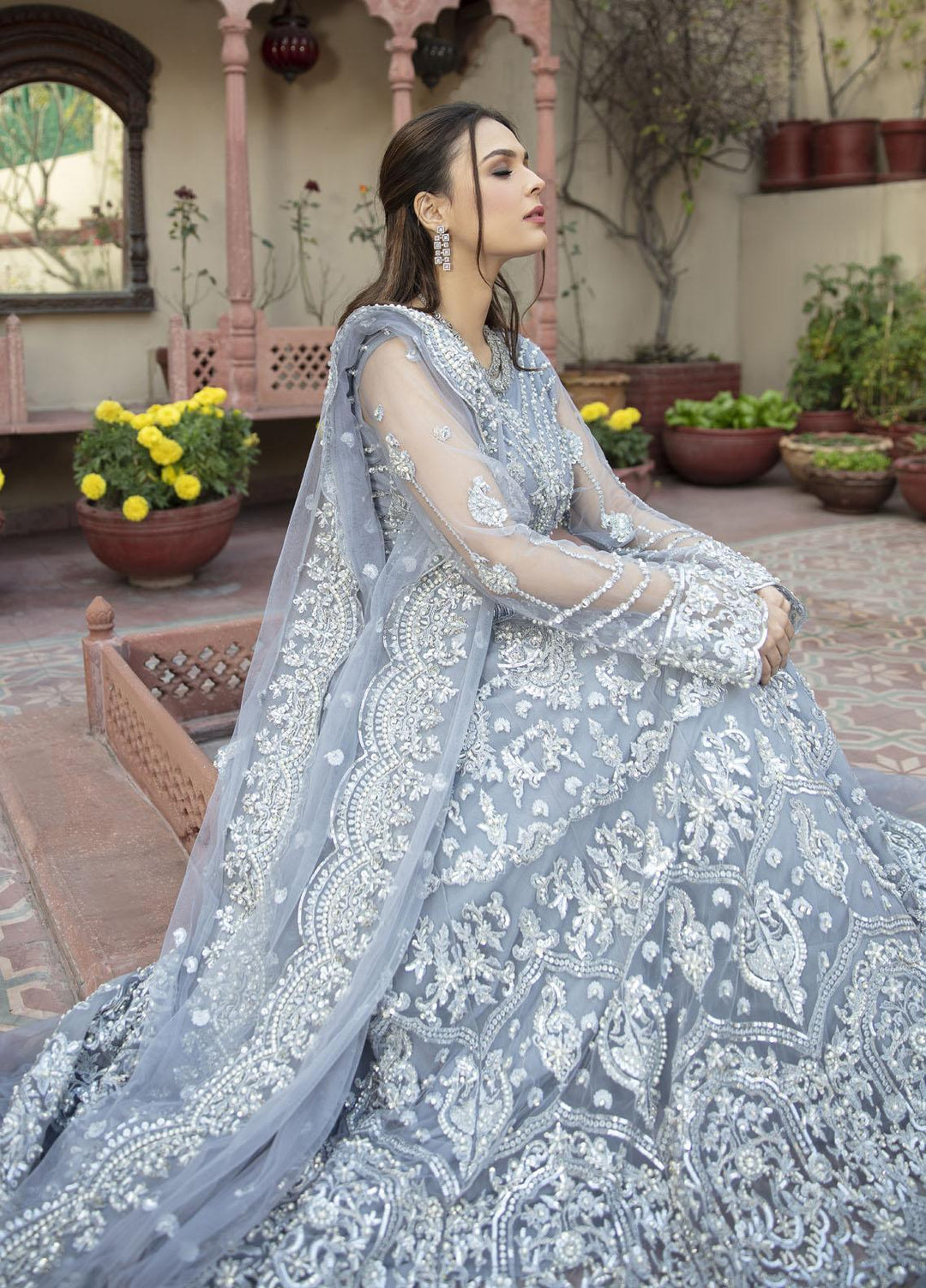 Daud Abbas Embroidered Net Suits Unstitched 3 Piece DA22DS DA-F-014/Sang e marmar - Luxury Collection