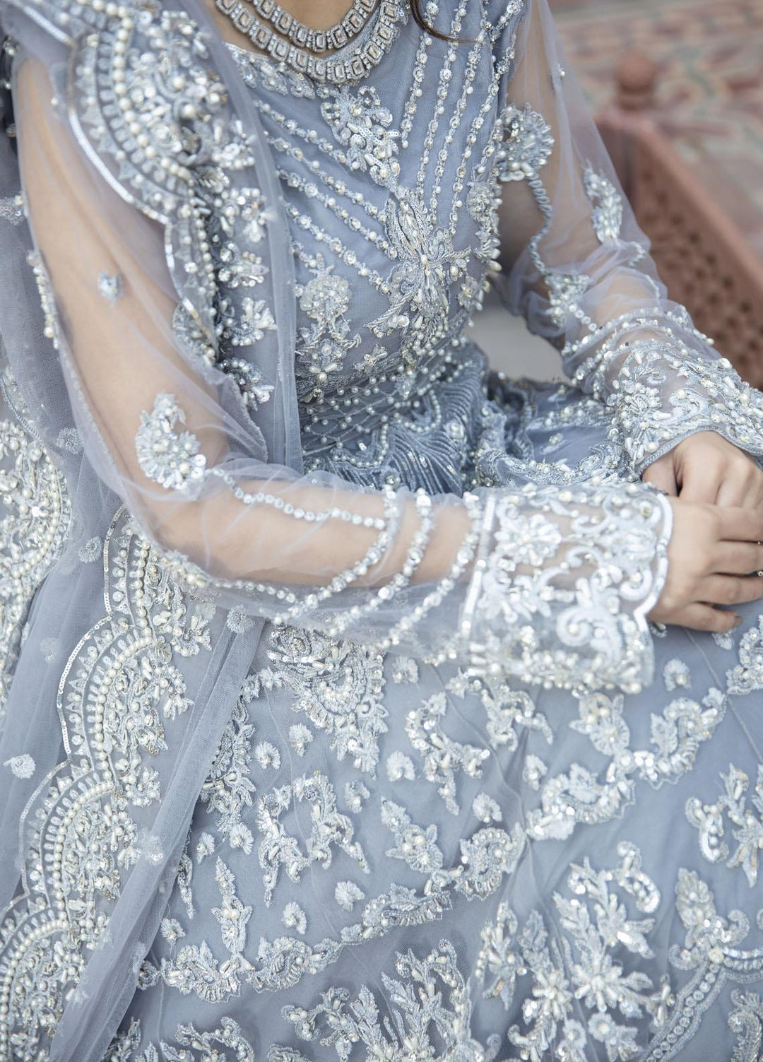Daud Abbas Embroidered Net Suits Unstitched 3 Piece DA22DS DA-F-014/Sang e marmar - Luxury Collection
