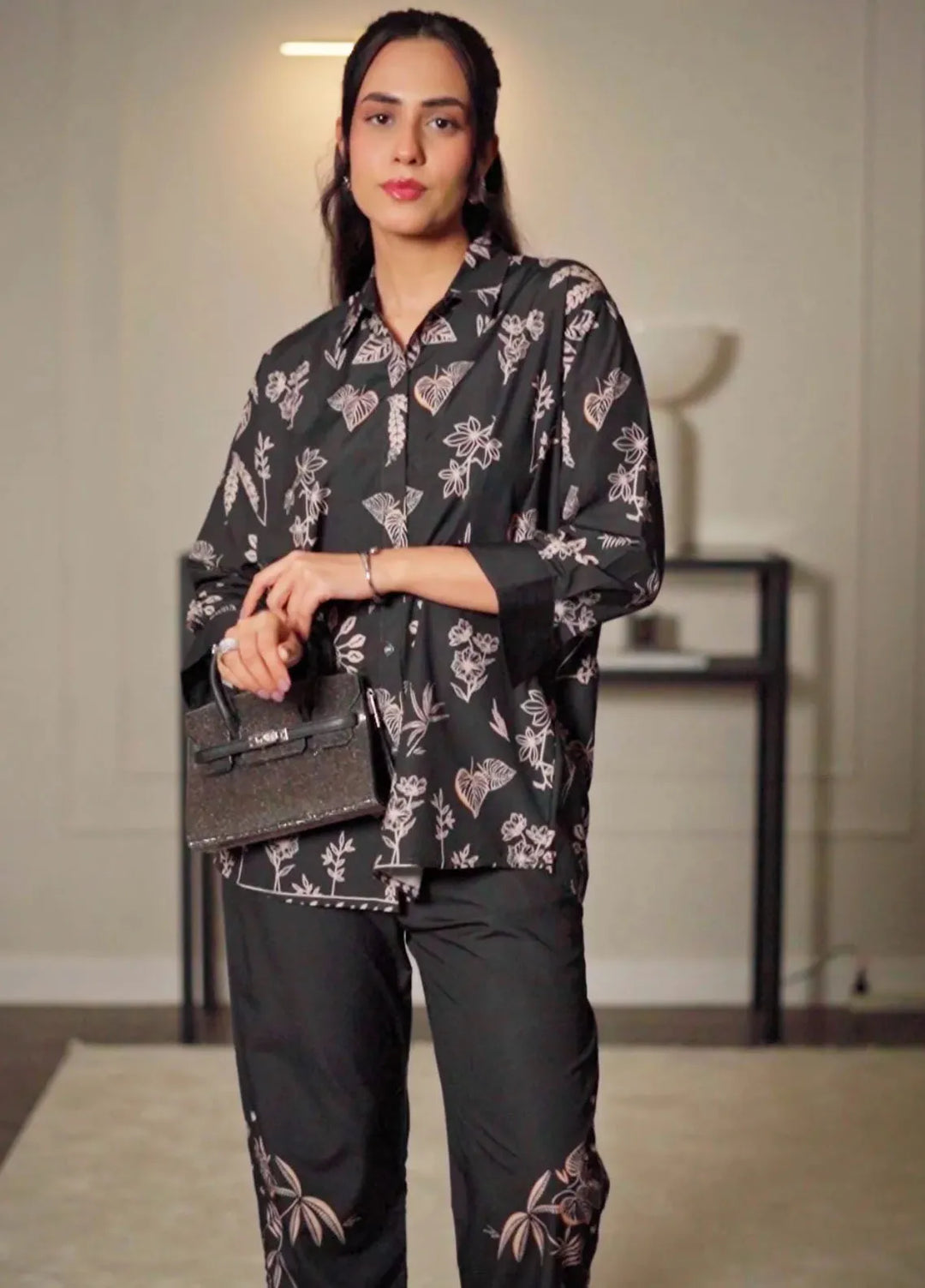 Dhaga Pret Printed Crepe 2 Piece Suit Noir