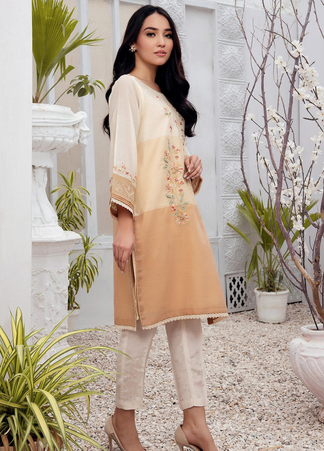Dhanak Pret Luxury Khaadi Net Kurti DHK21F DA-1437 BEIGE