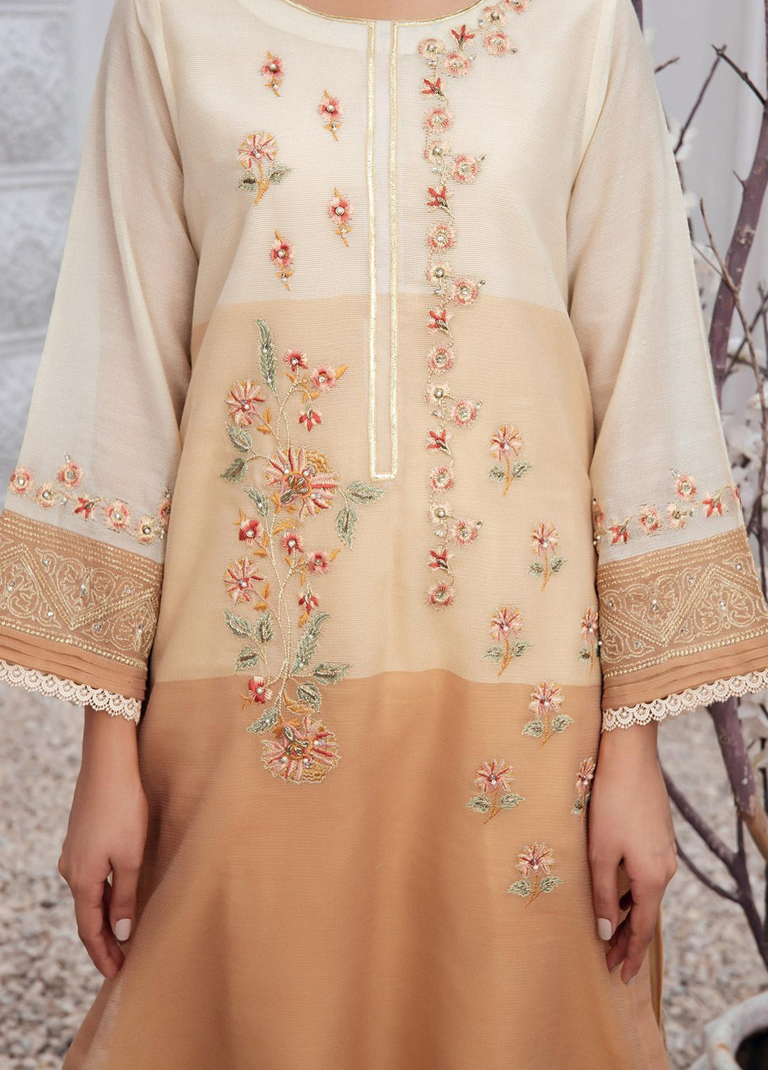 Dhanak Pret Luxury Khaadi Net Kurti DHK21F DA-1437 BEIGE