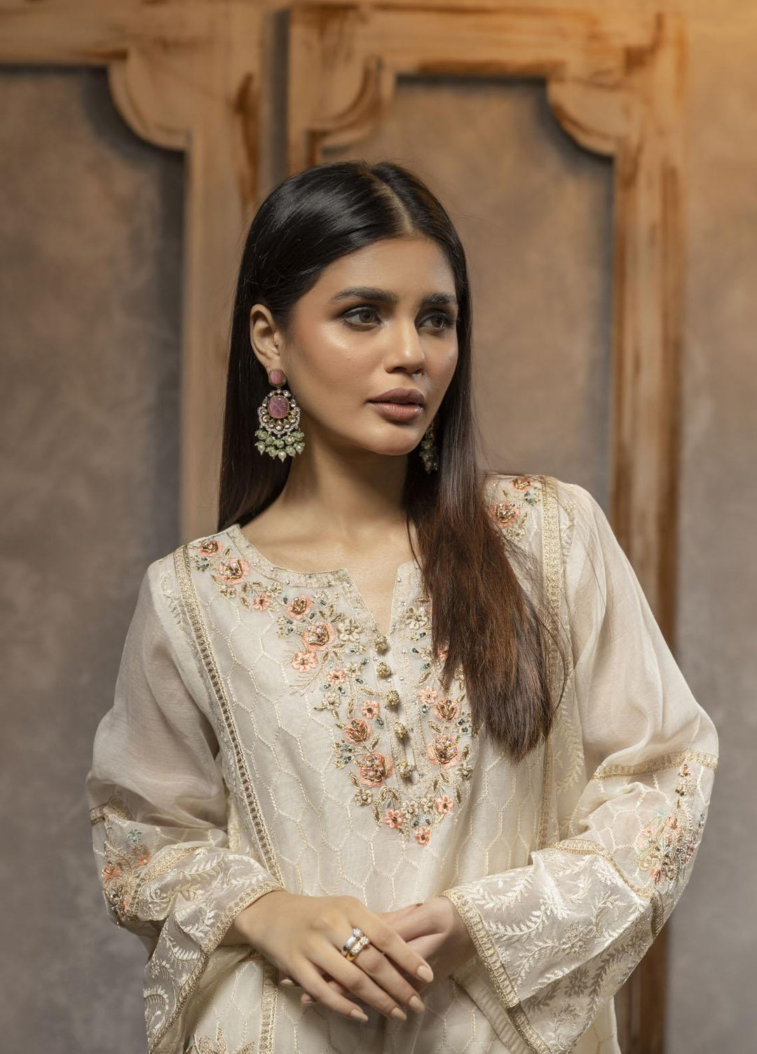 Dhanak Luxury Pret  Organza Shirt DA-1693 OFF-WHITE