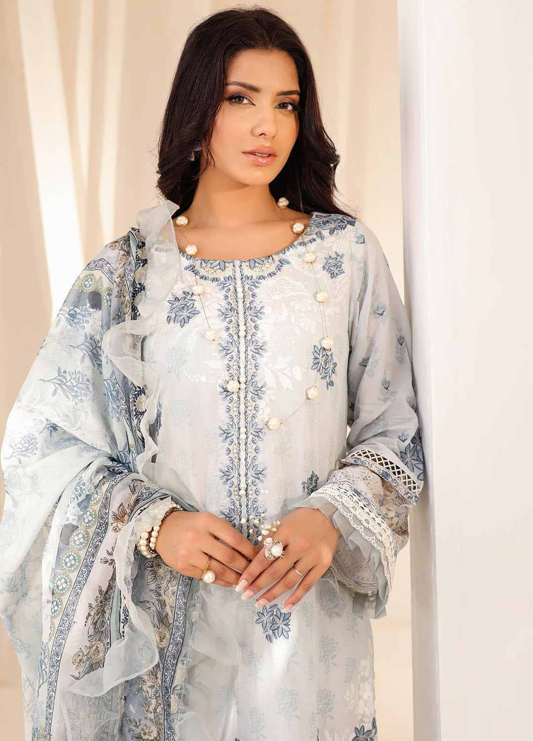 Kiara By Dhanak Embroidered Lawn Suits Unstitched 3 Piece DU-3125 SKY BLUE - Signature Summer Collection