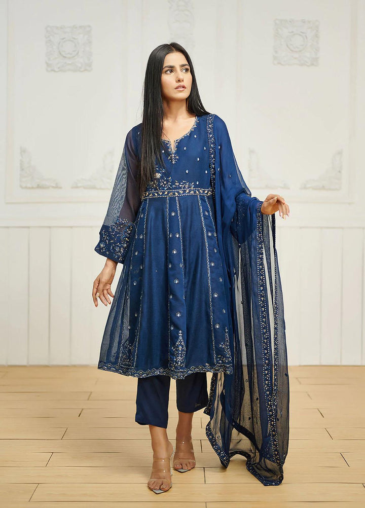 Dhanak Ready to Wear Embroidered Khaadi Net 3 Piece Suit DL-0192 NAVY BLUE
