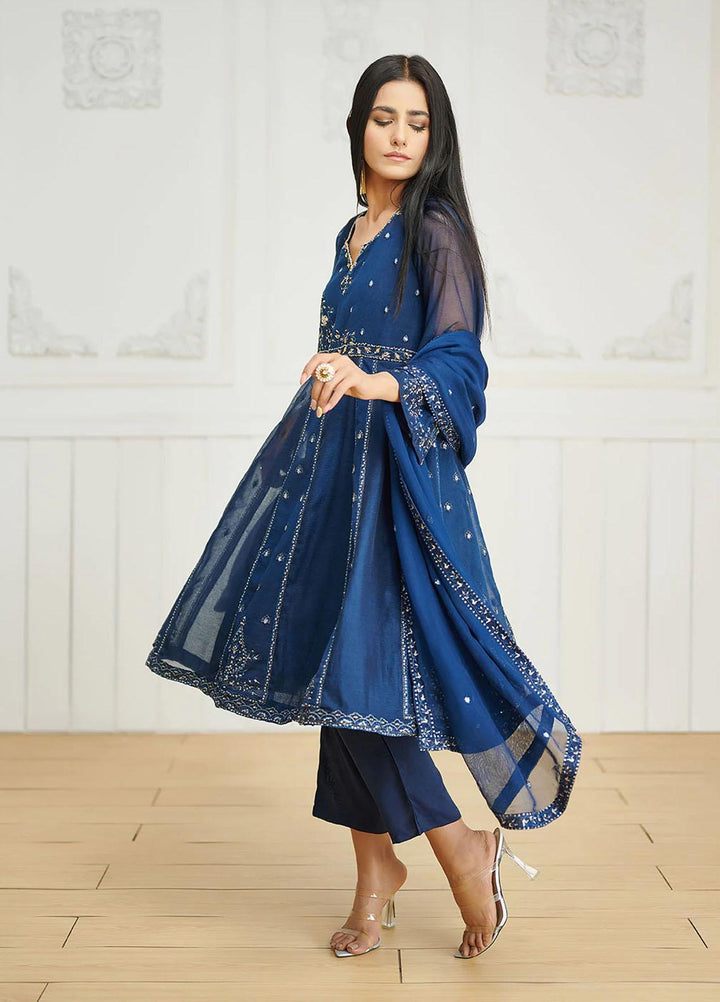 Dhanak Ready to Wear Embroidered Khaadi Net 3 Piece Suit DL-0192 NAVY BLUE
