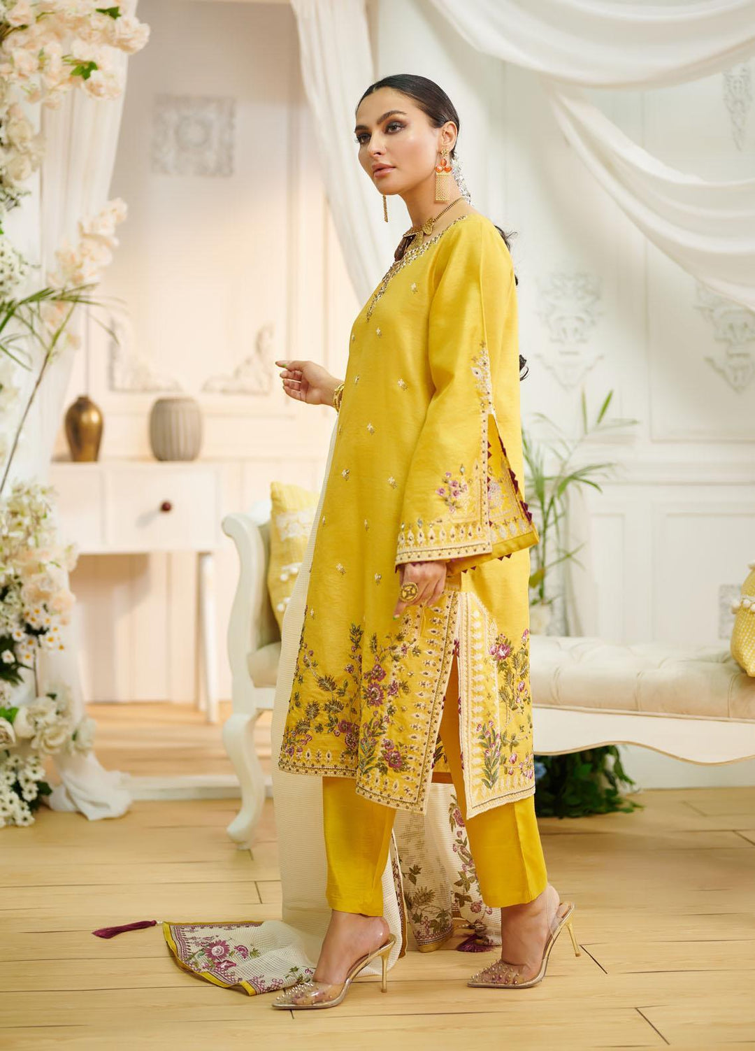 Dhanak Ready to Wear Embroidered Organza 3 Piece Suit DL-0203 YELLOW