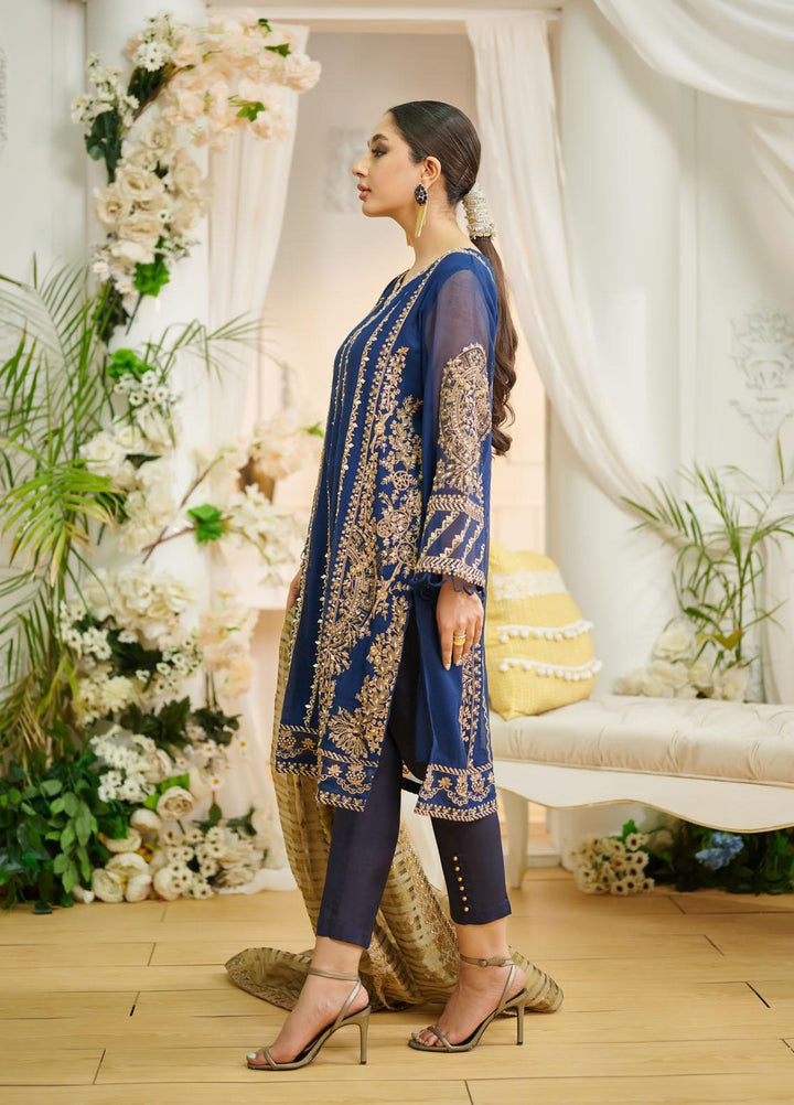 Dhanak Ready to Wear Embroidered Khaadi Net 3 Piece Suit DL-0195 BLUE
