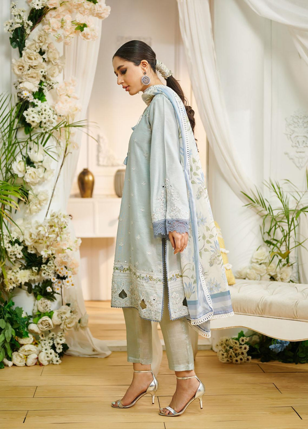 Dhanak Ready to Wear Embroidered Organza 3 Piece Suit DL-0202 SKY BLUE