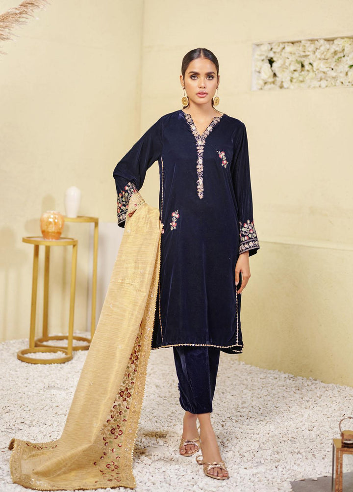 Dhanak Luxury Pret Embroidered Velvet 3 Piece DL-0162 NAVY-BLUE
