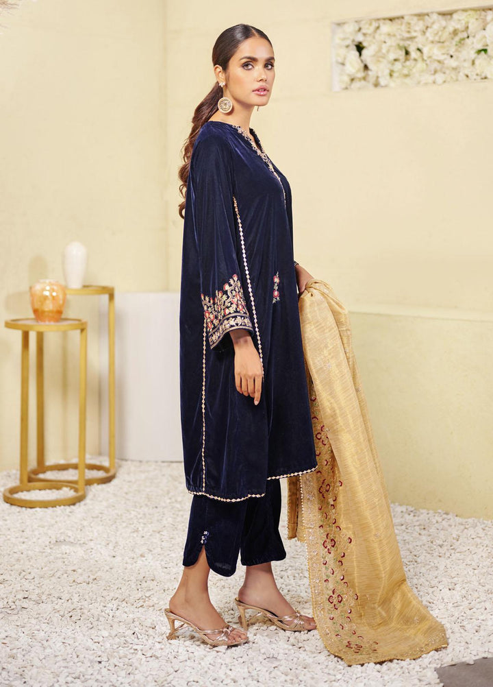 Dhanak Luxury Pret Embroidered Velvet 3 Piece DL-0162 NAVY-BLUE