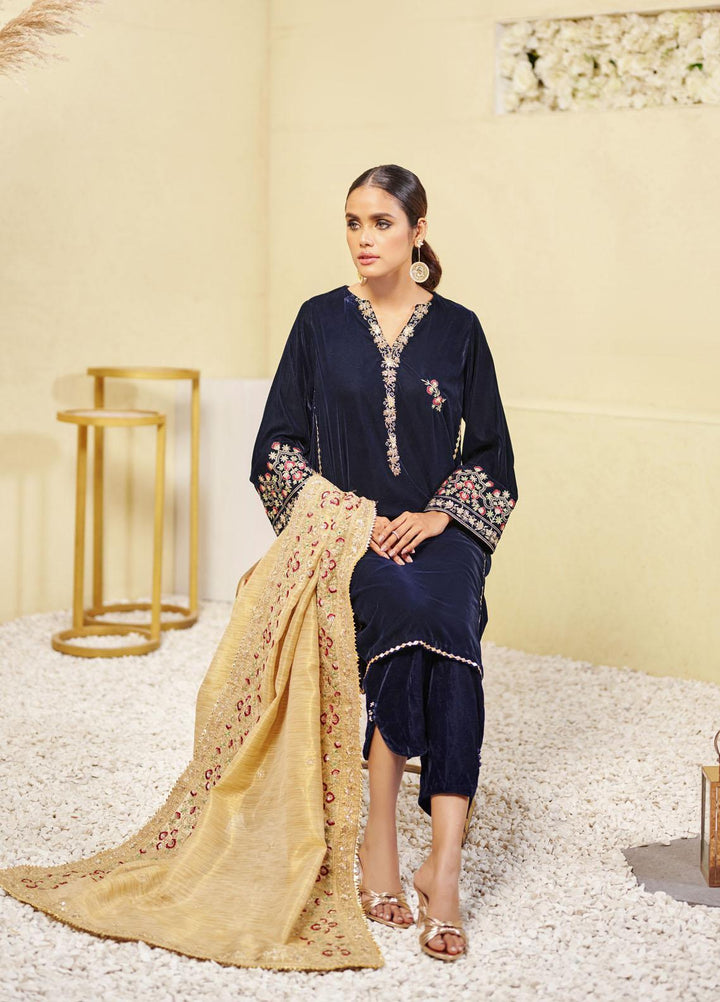 Dhanak Luxury Pret Embroidered Velvet 3 Piece DL-0162 NAVY-BLUE