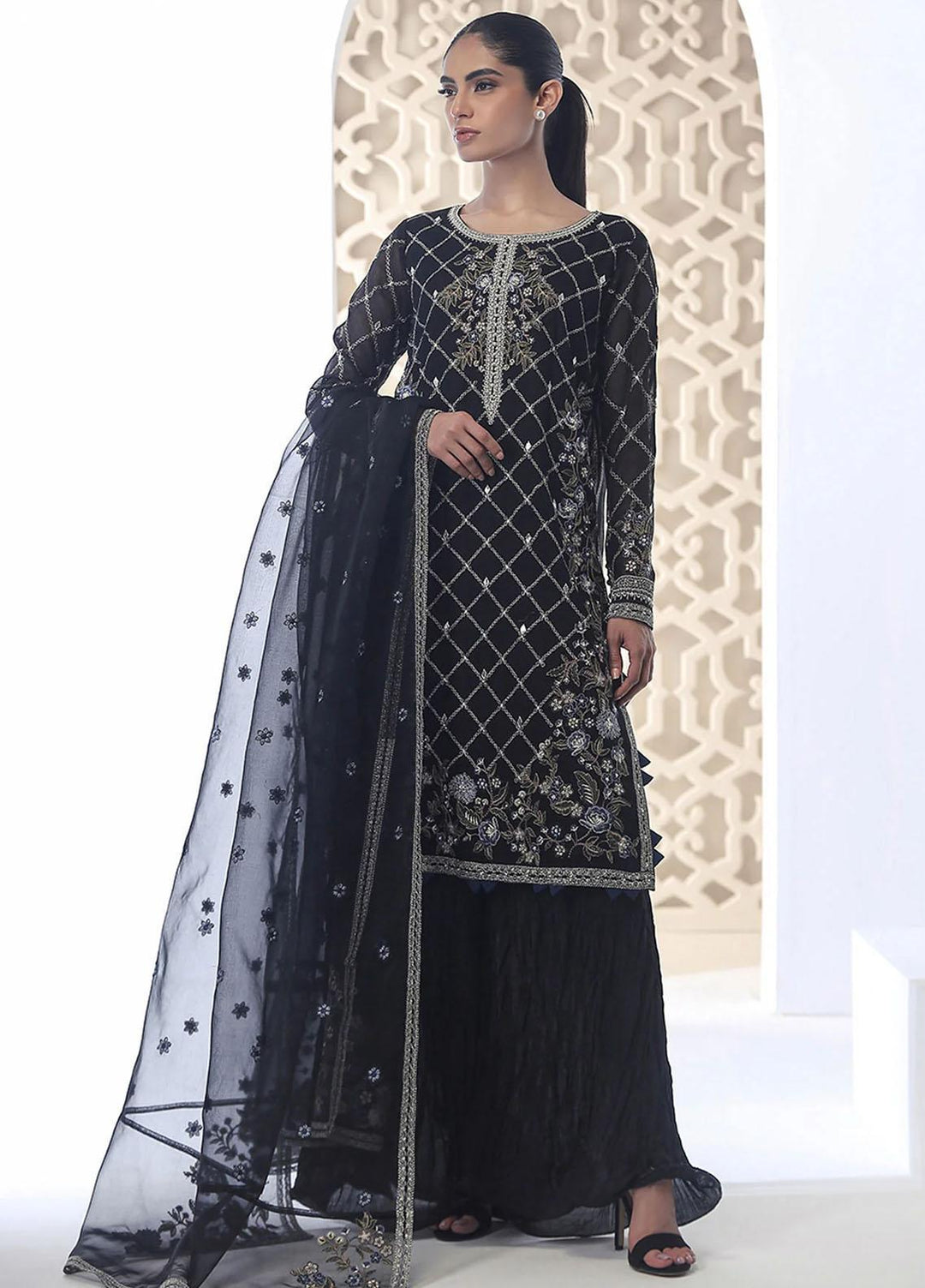 Dhanak Embroidered Luxury Net 3 Piece Suit DL-0251 Black