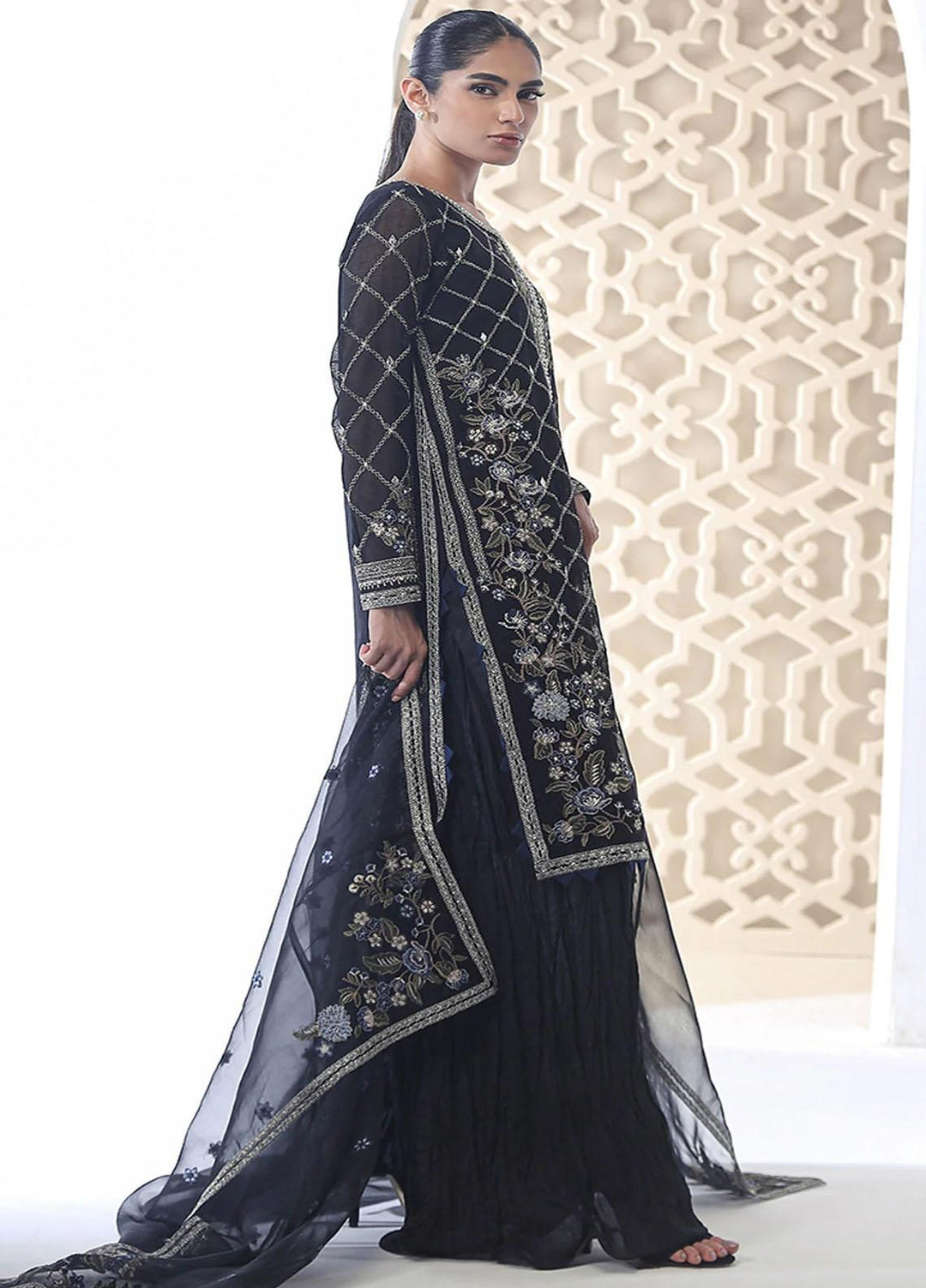 Dhanak Embroidered Luxury Net 3 Piece Suit DL-0251 Black