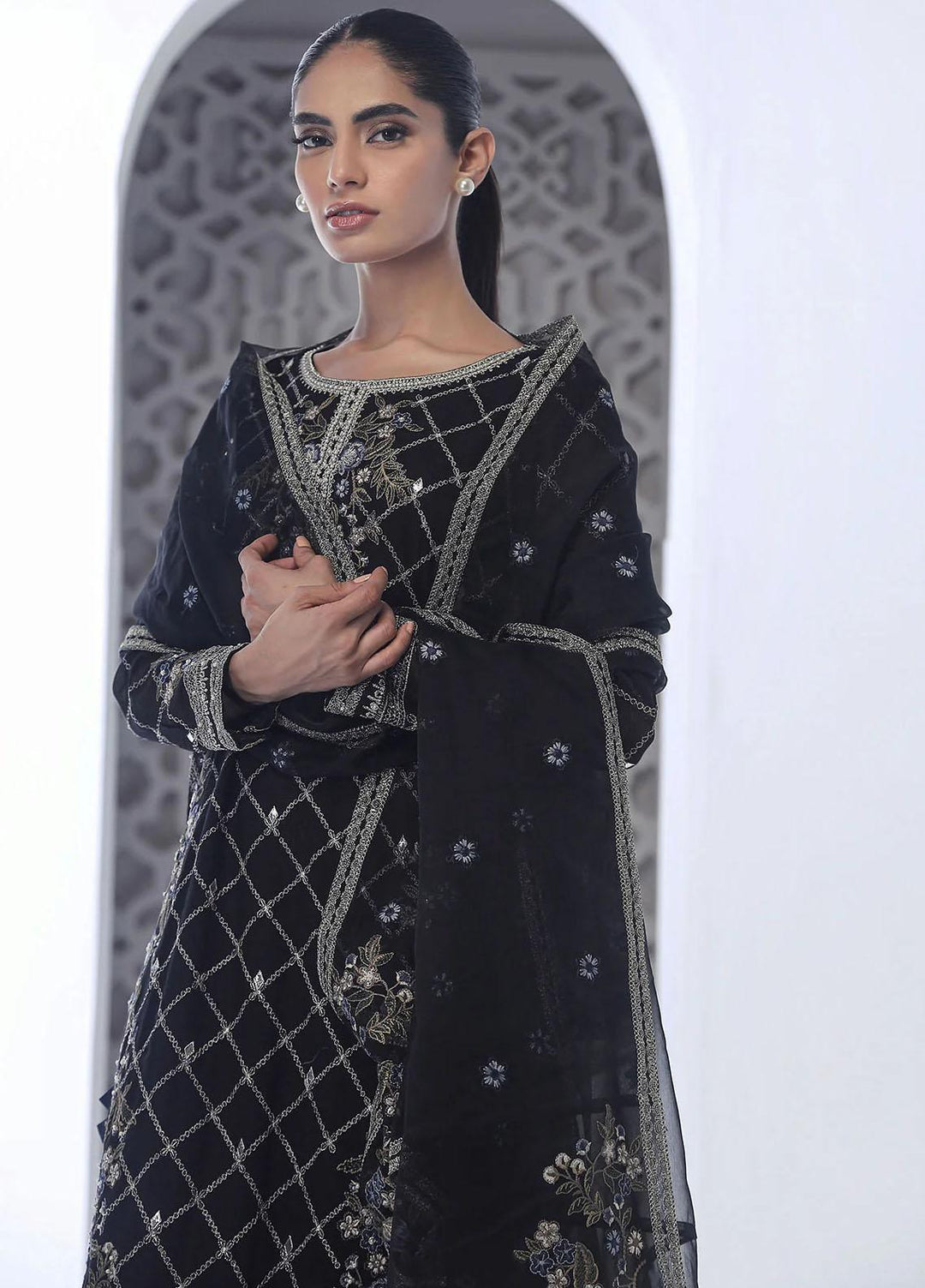 Dhanak Embroidered Luxury Net 3 Piece Suit DL-0251 Black