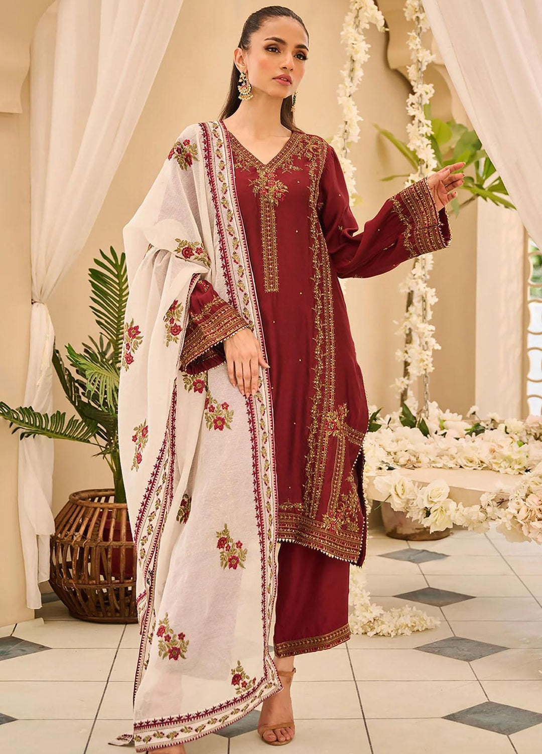 Dhanak Embroidered Luxury Cotton 3 Piece Suit DL-0265 Maroon