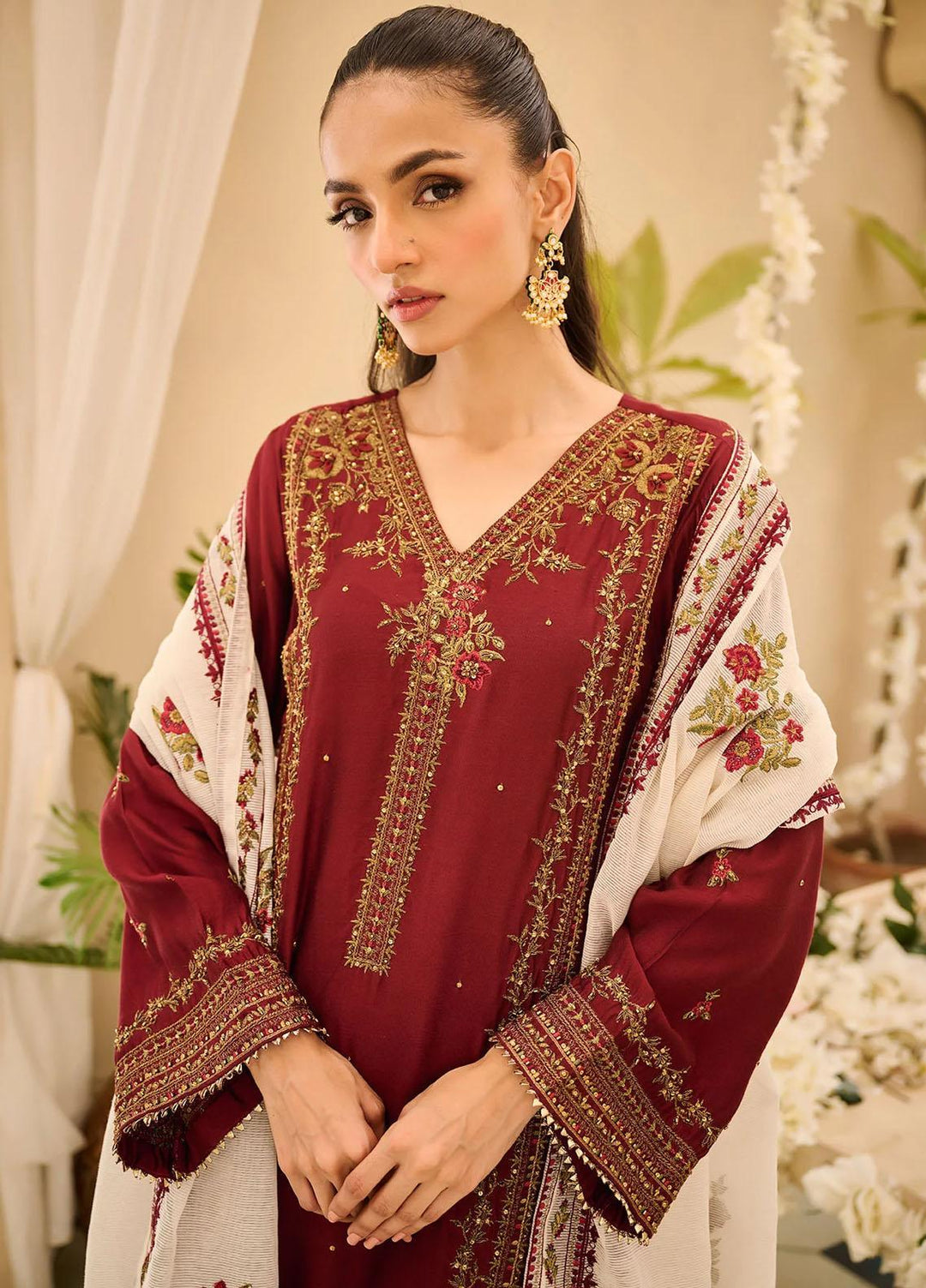 Dhanak Embroidered Luxury Cotton 3 Piece Suit DL-0265 Maroon