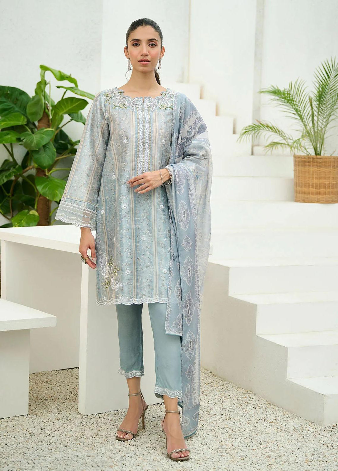 Dhanak Cotton Embroidered 2 Piece Suit for Girls - grey DHK23-MM2 DA-2200 GREY
