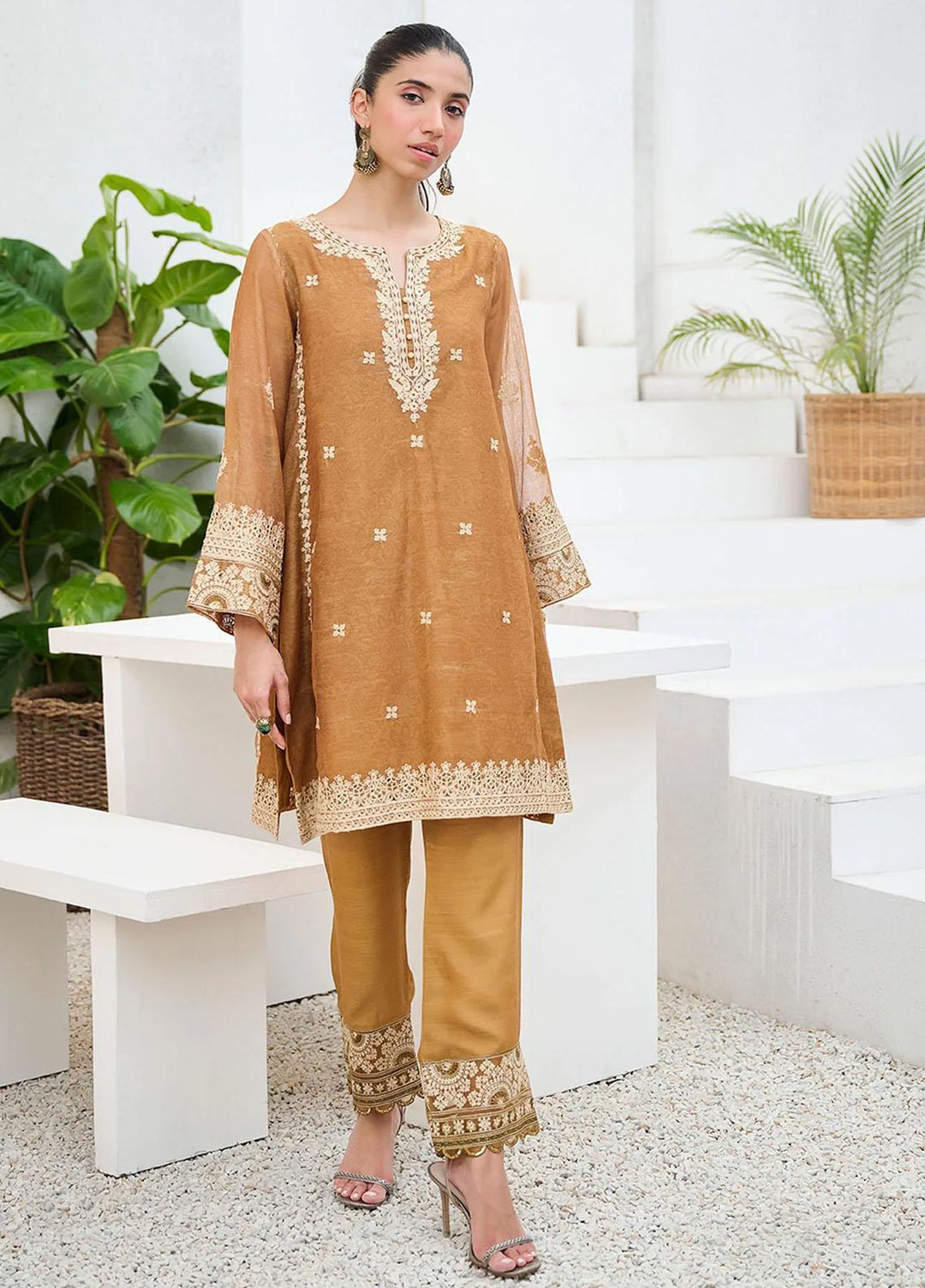 Dhanak Khaadi Net Embroidered 2 Piece Suit for Girls - mustard DHK23-MM2 DA-2204 MUSTARD