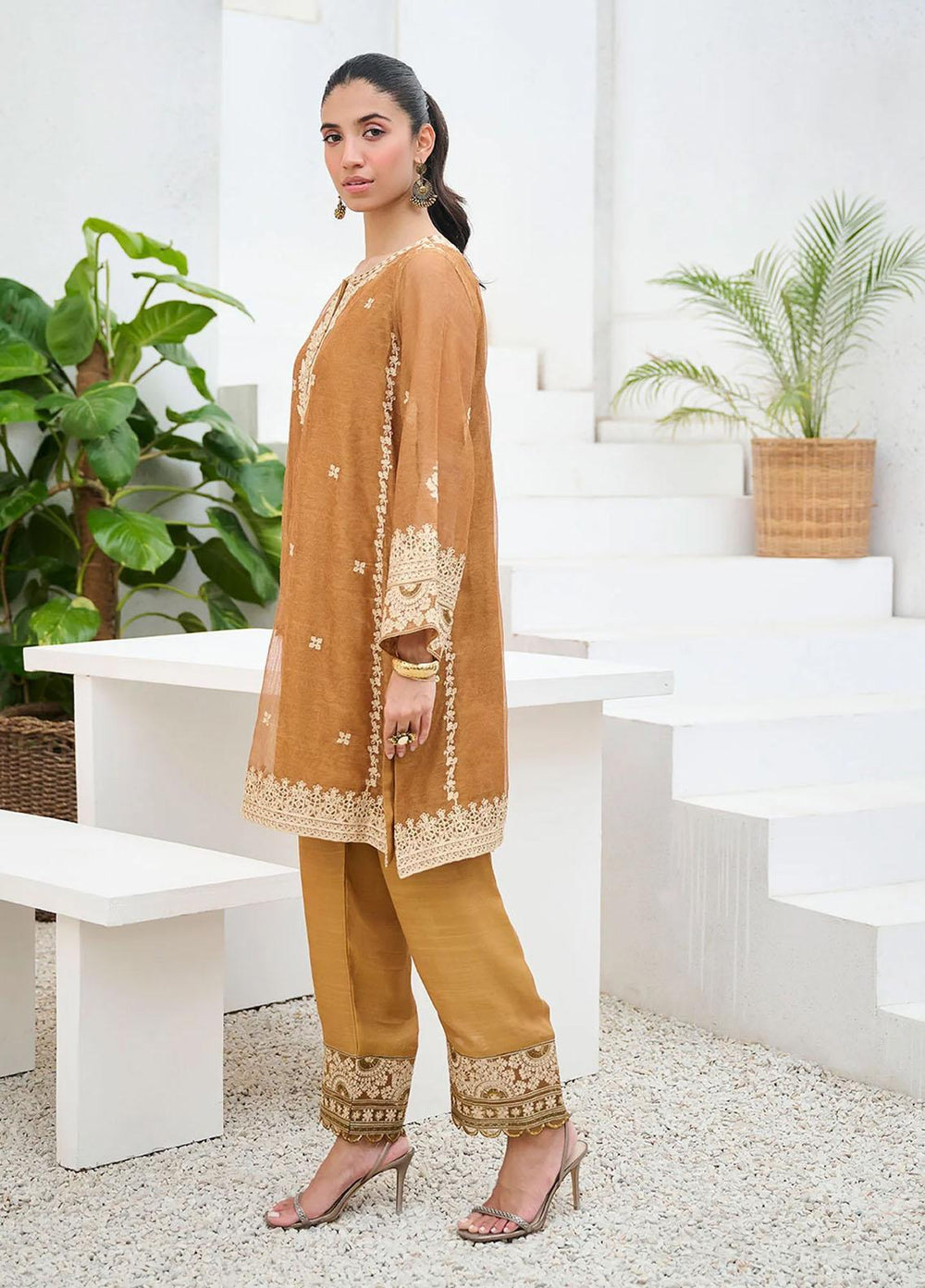 Dhanak Khaadi Net Embroidered 2 Piece Suit for Girls - mustard DHK23-MM2 DA-2204 MUSTARD