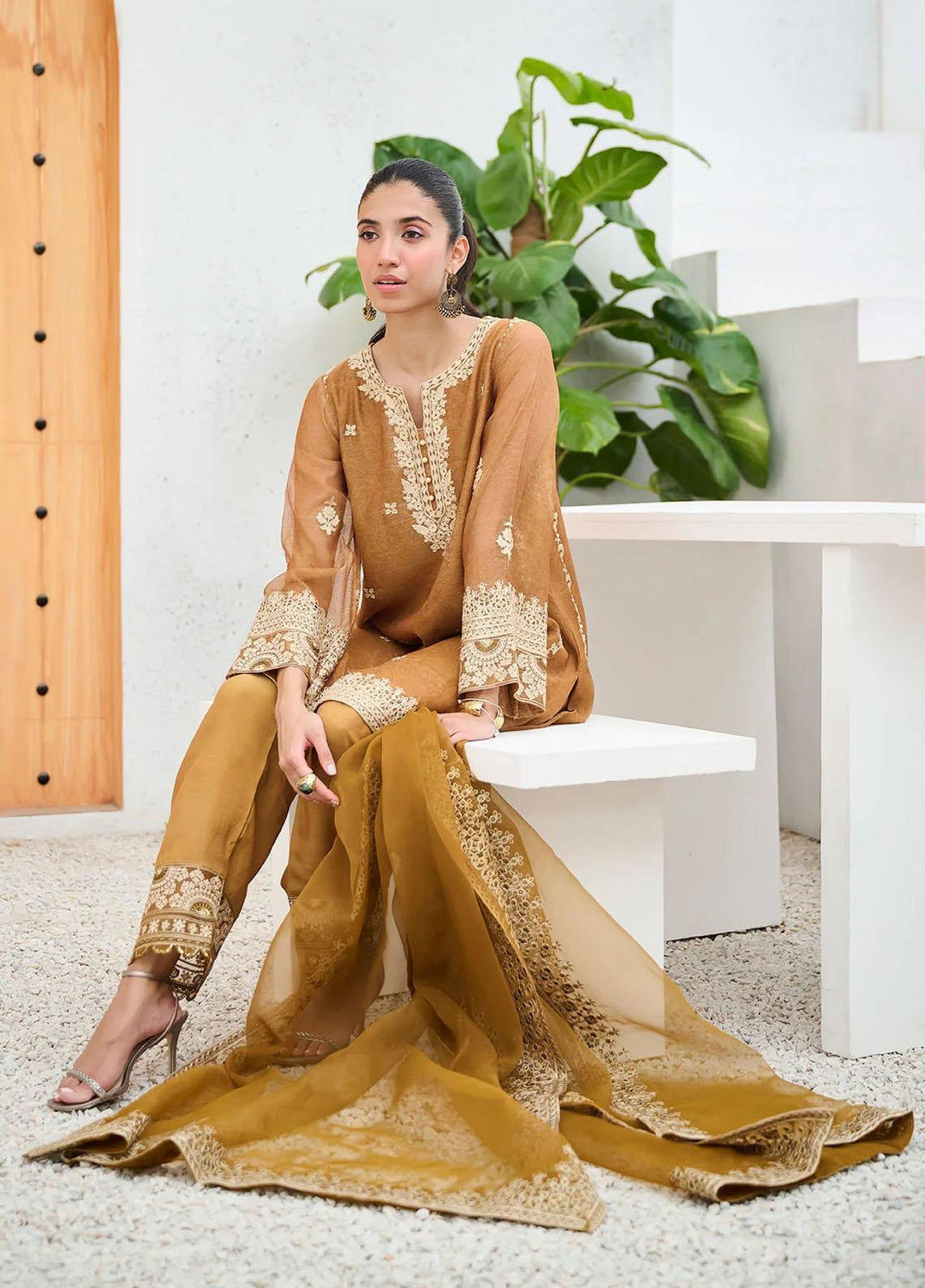 Dhanak Khaadi Net Embroidered 2 Piece Suit for Girls - mustard DHK23-MM2 DA-2204 MUSTARD
