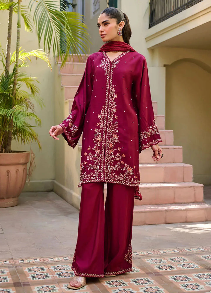 Dhanak Pret Embroidered Cotton Silk 3 Piece Suit SS24DL-0294 Maroon