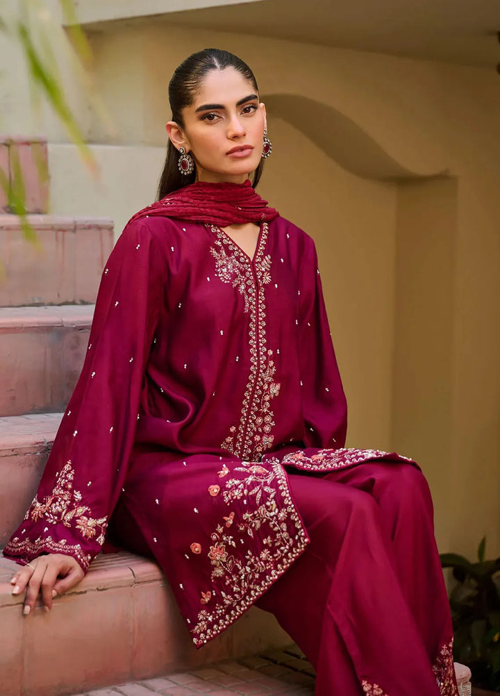 Dhanak Pret Embroidered Cotton Silk 3 Piece Suit SS24DL-0294 Maroon