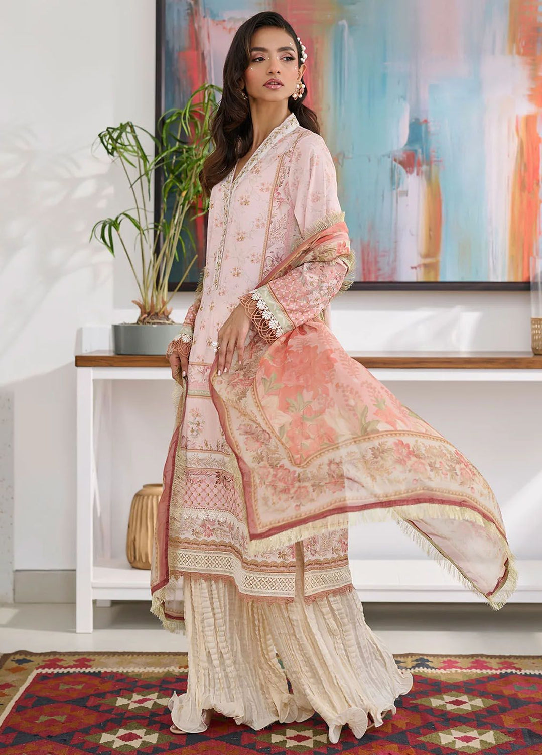Dhanak Pret Embroidered Silk 2 Piece Suit SS24DA-2354 Peach