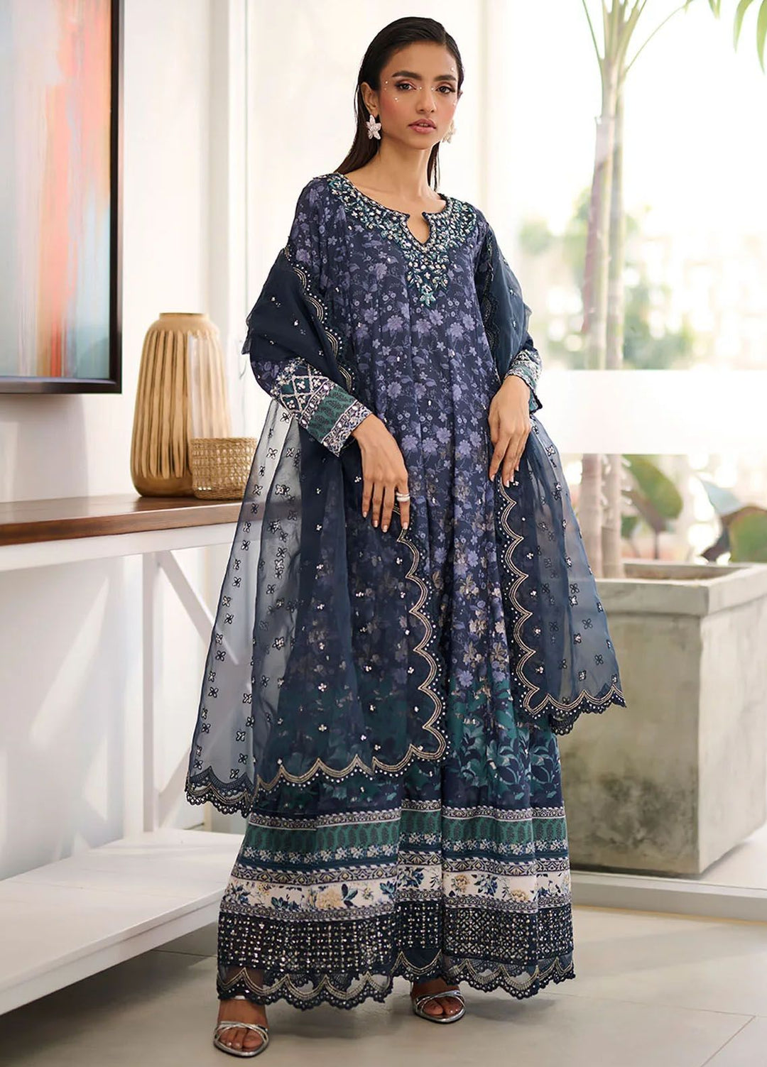 Dhanak Pret Embroidered Silk 2 Piece Suit SS24DA-2356 Navy Blue