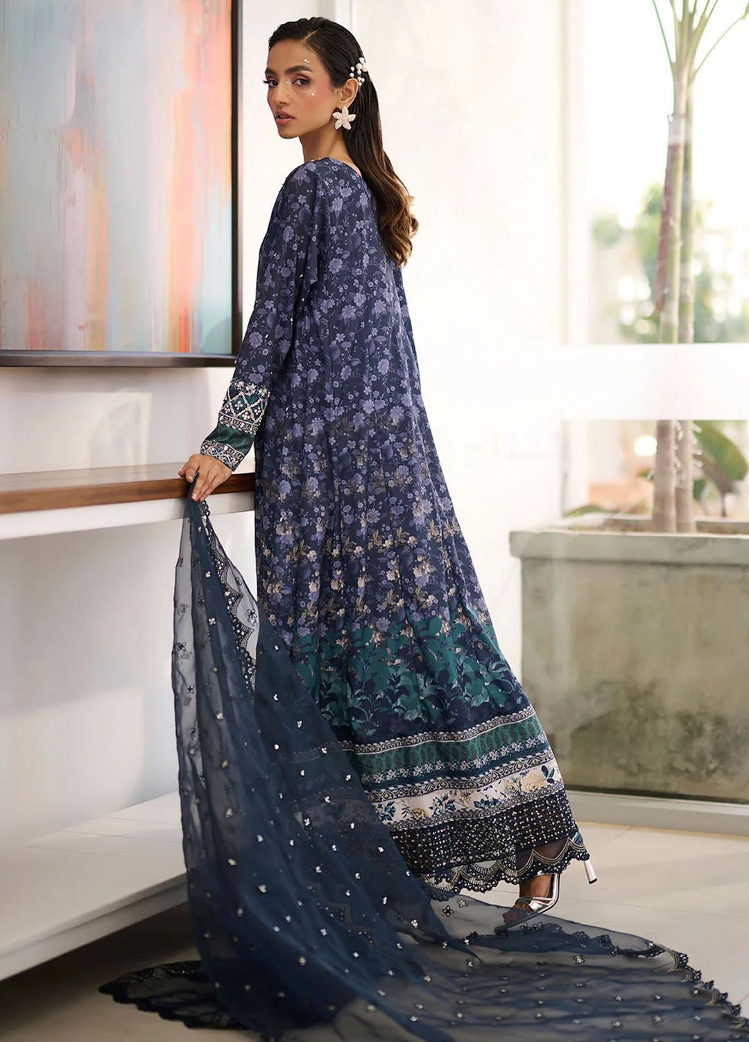 Dhanak Pret Embroidered Silk 2 Piece Suit SS24DA-2356 Navy Blue