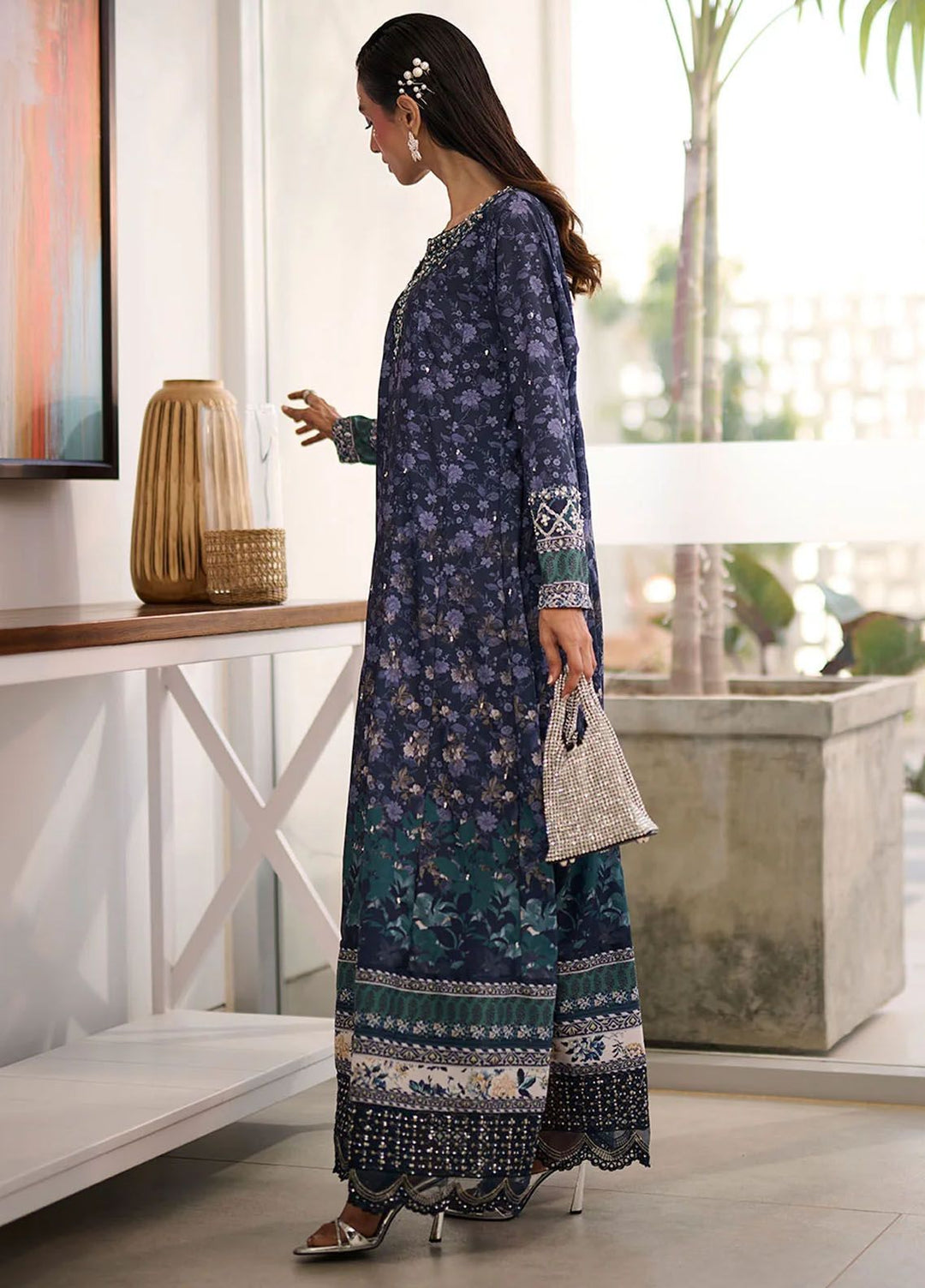 Dhanak Pret Embroidered Silk 2 Piece Suit SS24DA-2356 Navy Blue