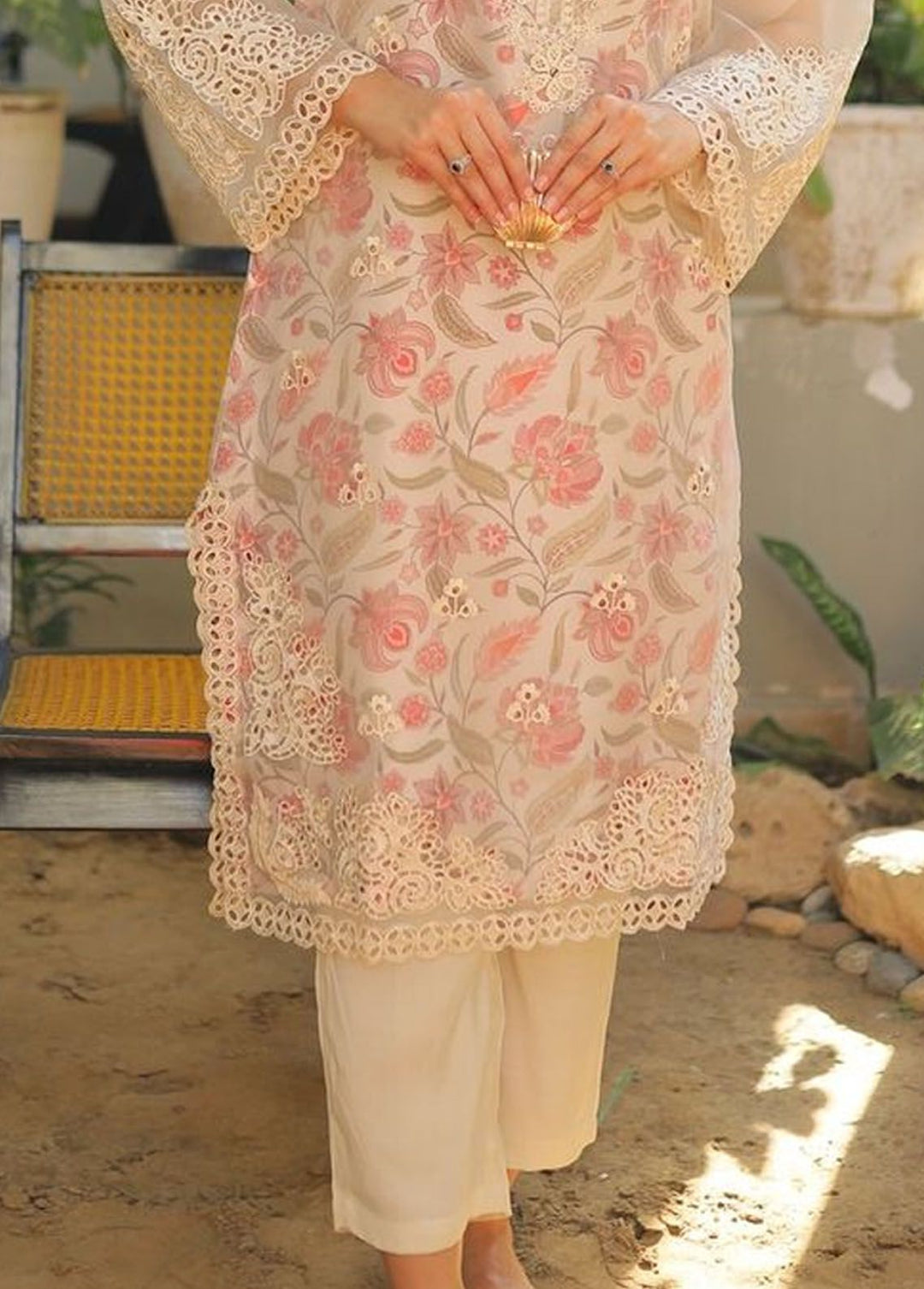 Dhanak Pret Embroidered Organza 2 Piece Suit DA-2216 BEIGE