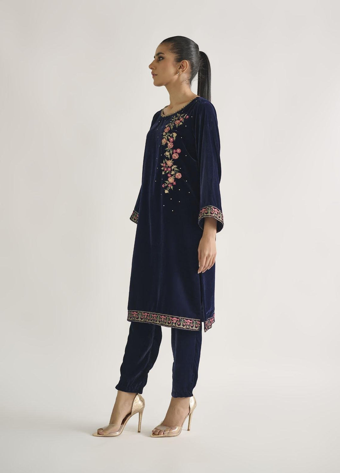 Dhanak Pret Embroidered Velvet Shirt DA-1698 NAVY BLUE