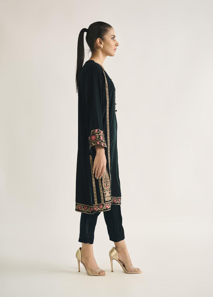Dhanak Pret Embroidered Velvet Shirt DA-1715 GREEN