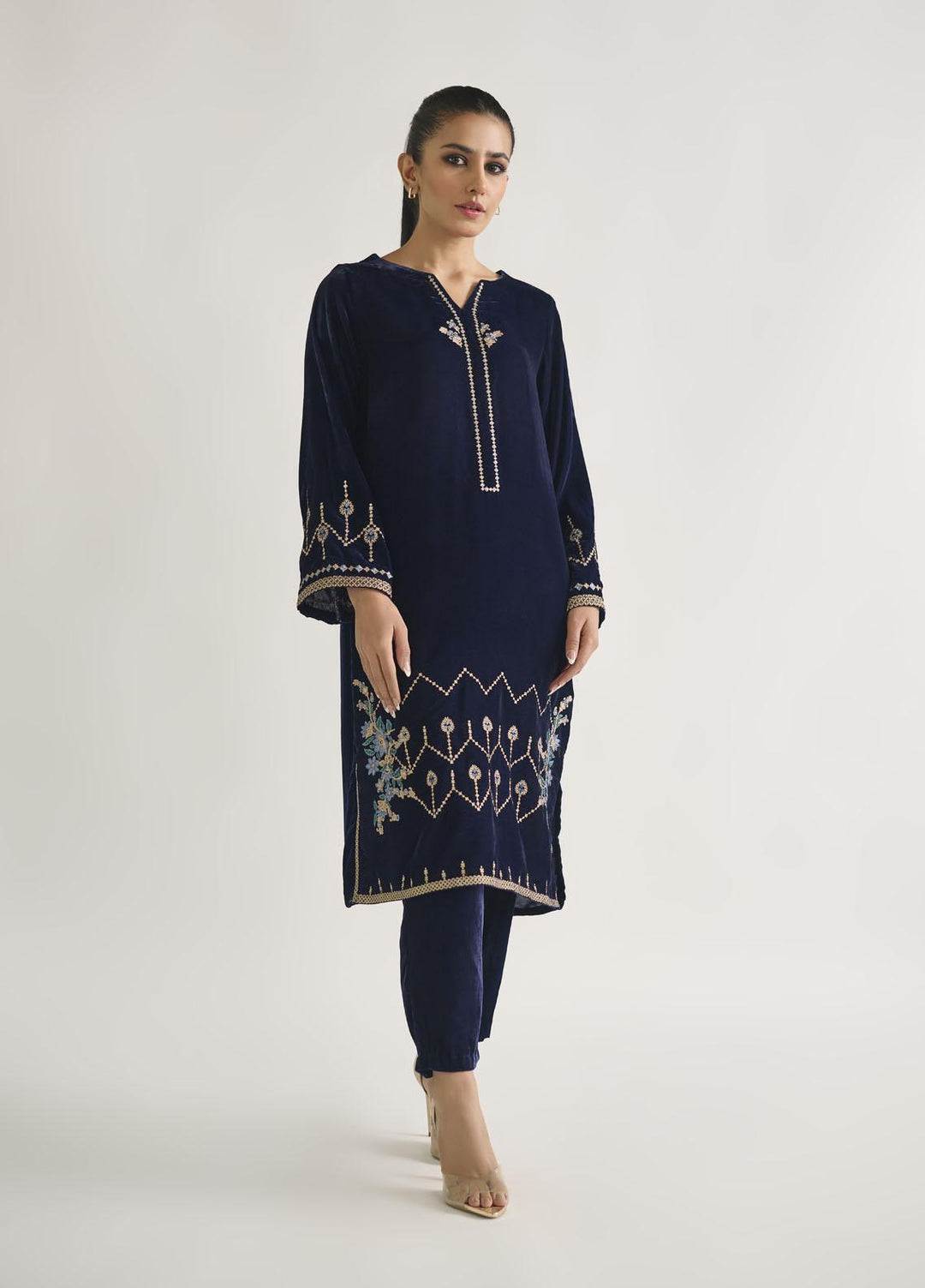 Dhanak Pret Embroidered Velvet Shirt DA-1697 NAVY BLUE