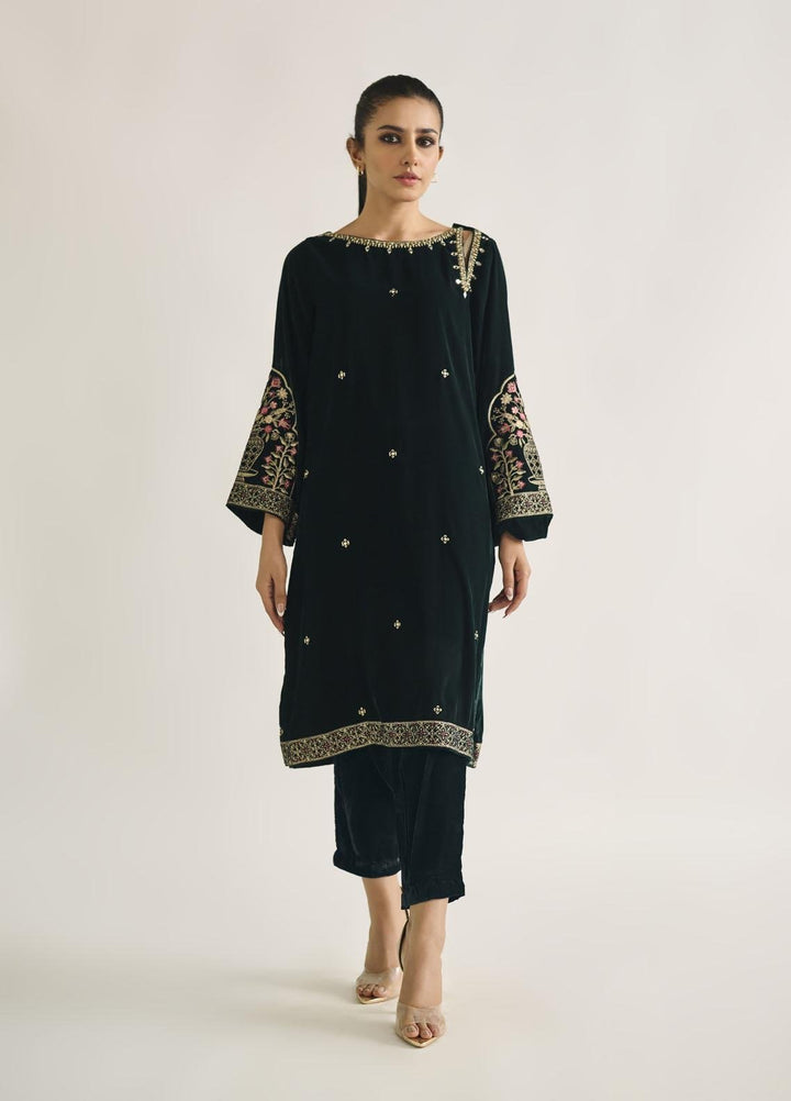 Dhanak Pret Embroidered Velvet Shirt DA-1727 GREEN