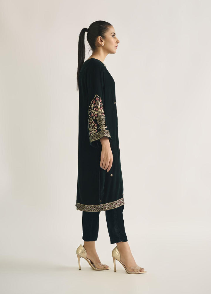 Dhanak Pret Embroidered Velvet Shirt DA-1727 GREEN
