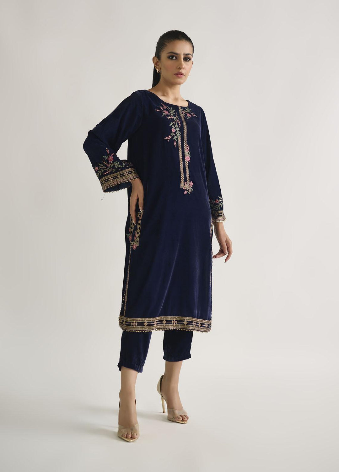 Dhanak Pret Embroidered Velvet Shirt DA-1724 NAVY BLUE