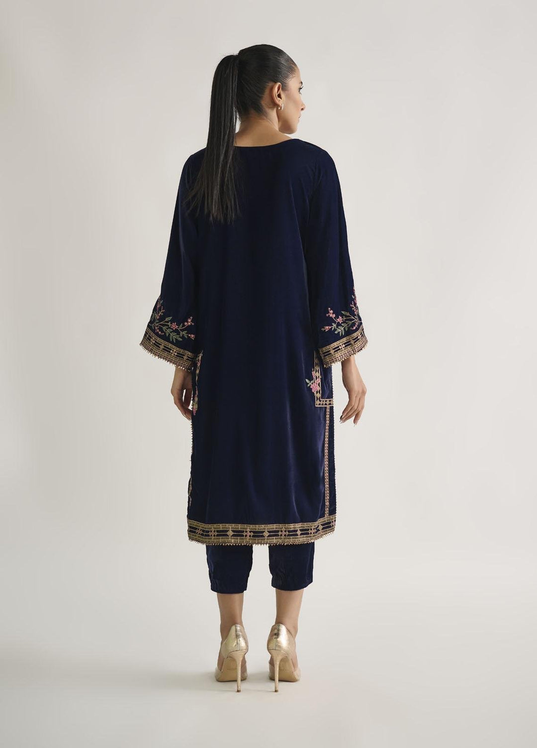 Dhanak Pret Embroidered Velvet Shirt DA-1724 NAVY BLUE