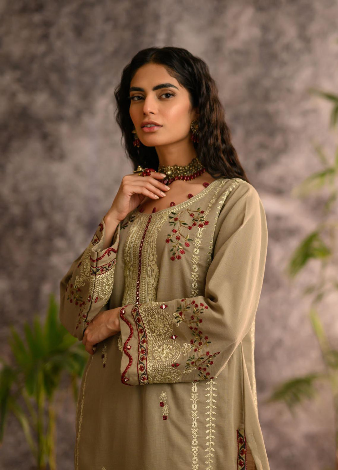 Dhanak Pret Embroidered Khaddar 2 Piece Dress DC-2107 BEIGE