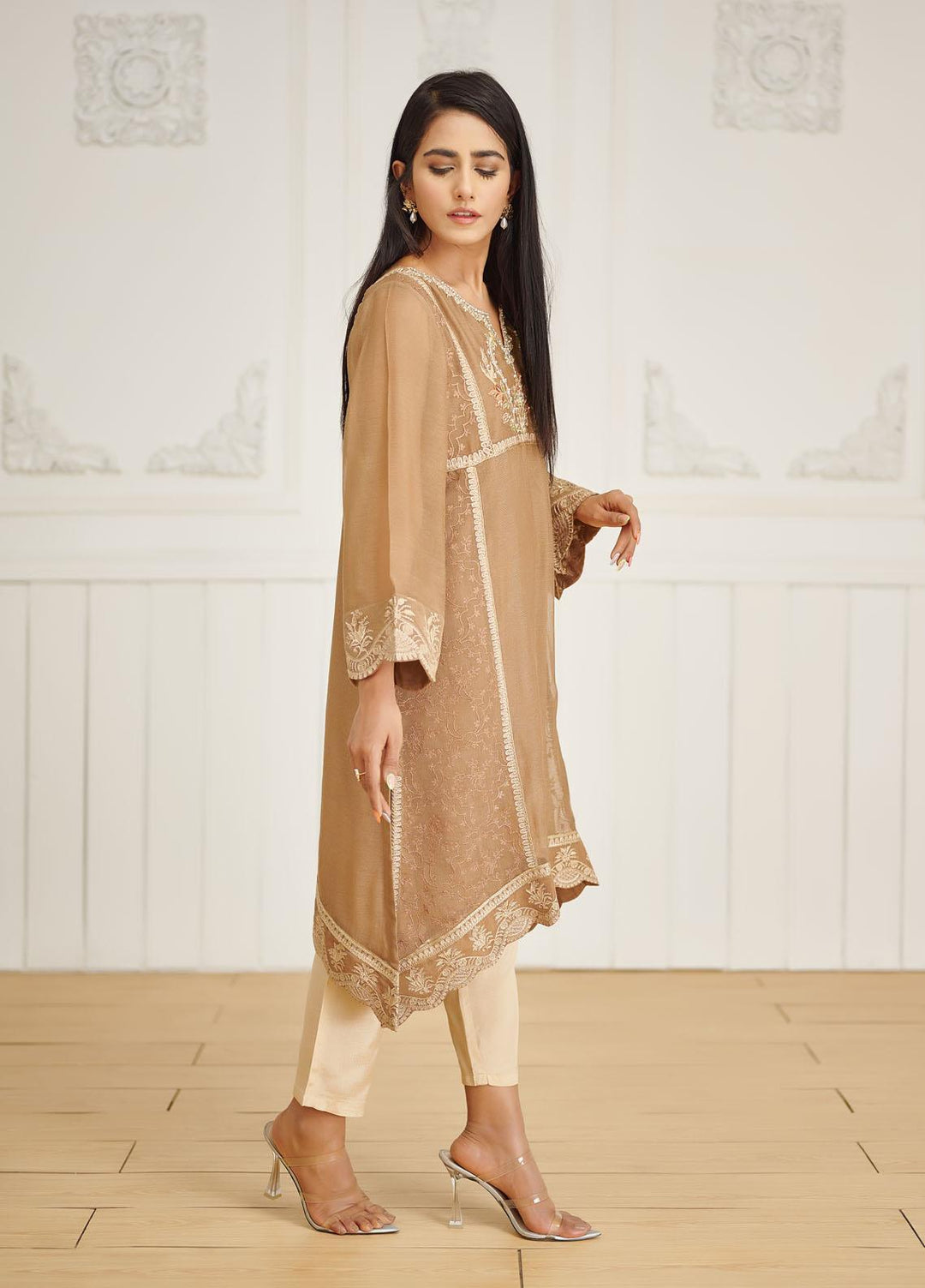 Dhanak Pret Embroidered Khaadi Net Shirt DA-1625 BEIGE