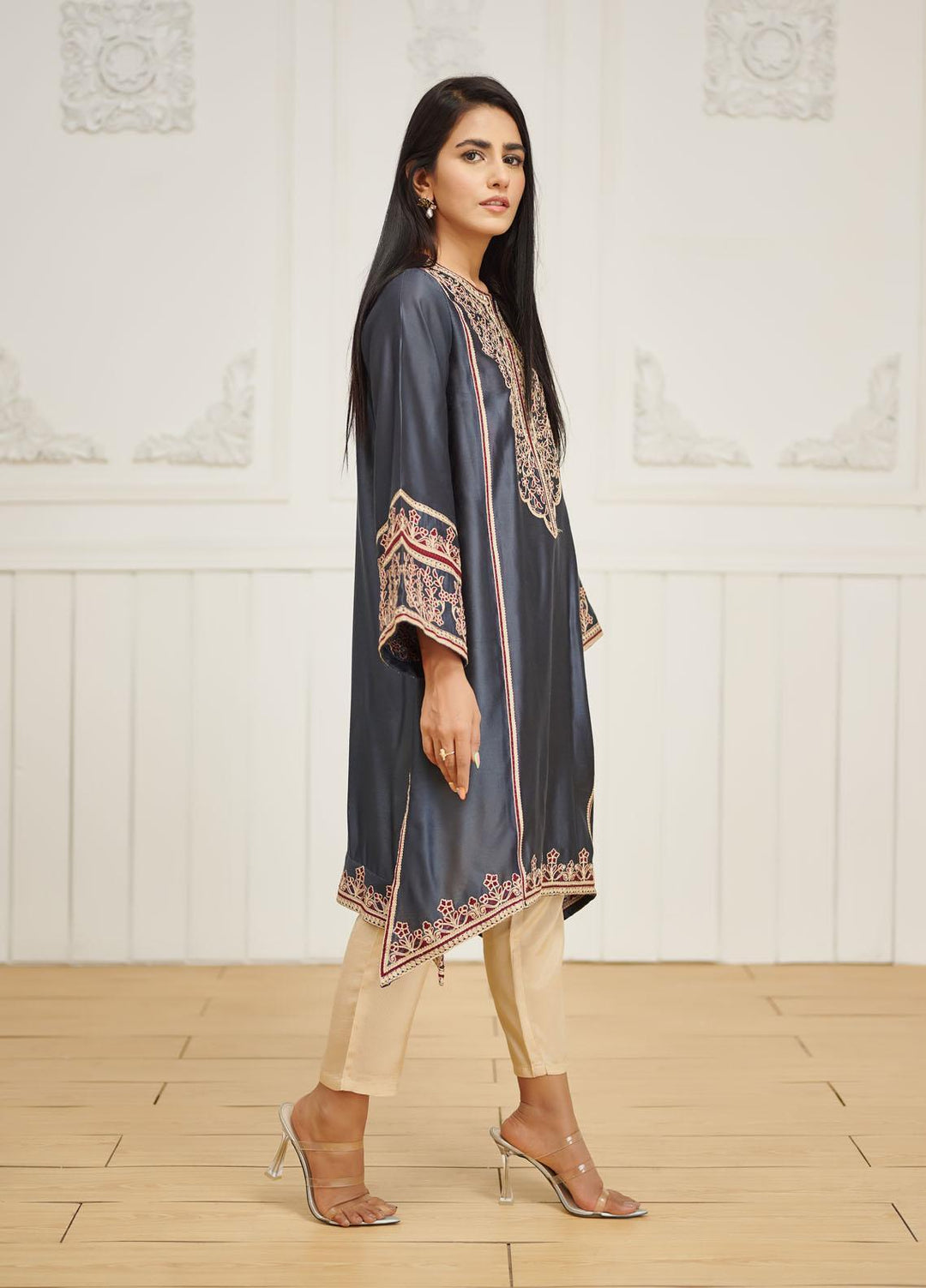 Dhanak Pret Embroidered Cotton Net Shirt DA-1612 GREY