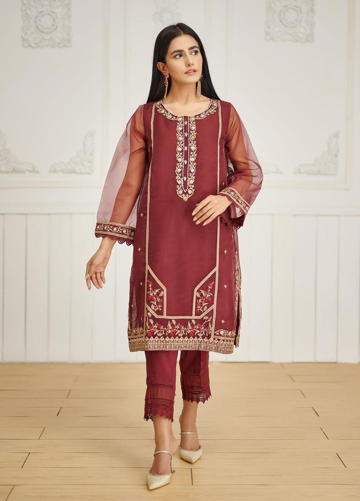 Dhanak Pret Embroidered Organza Shirt DA-1590 MAROON