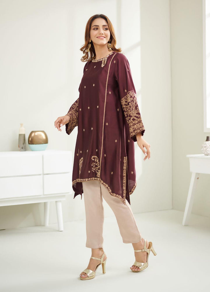 Dhanak Pret Embroidered Cotton Net Shirt DA-1613 MAROON