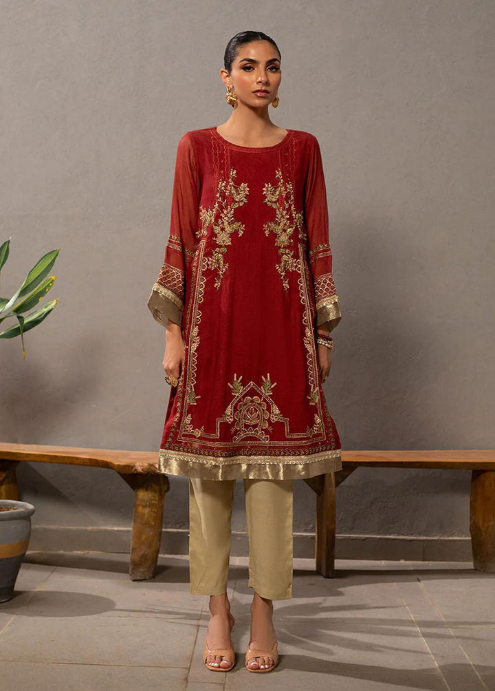 Dhanak Pret Embroidered Khaadi Net Kurti DA-2060 RUST
